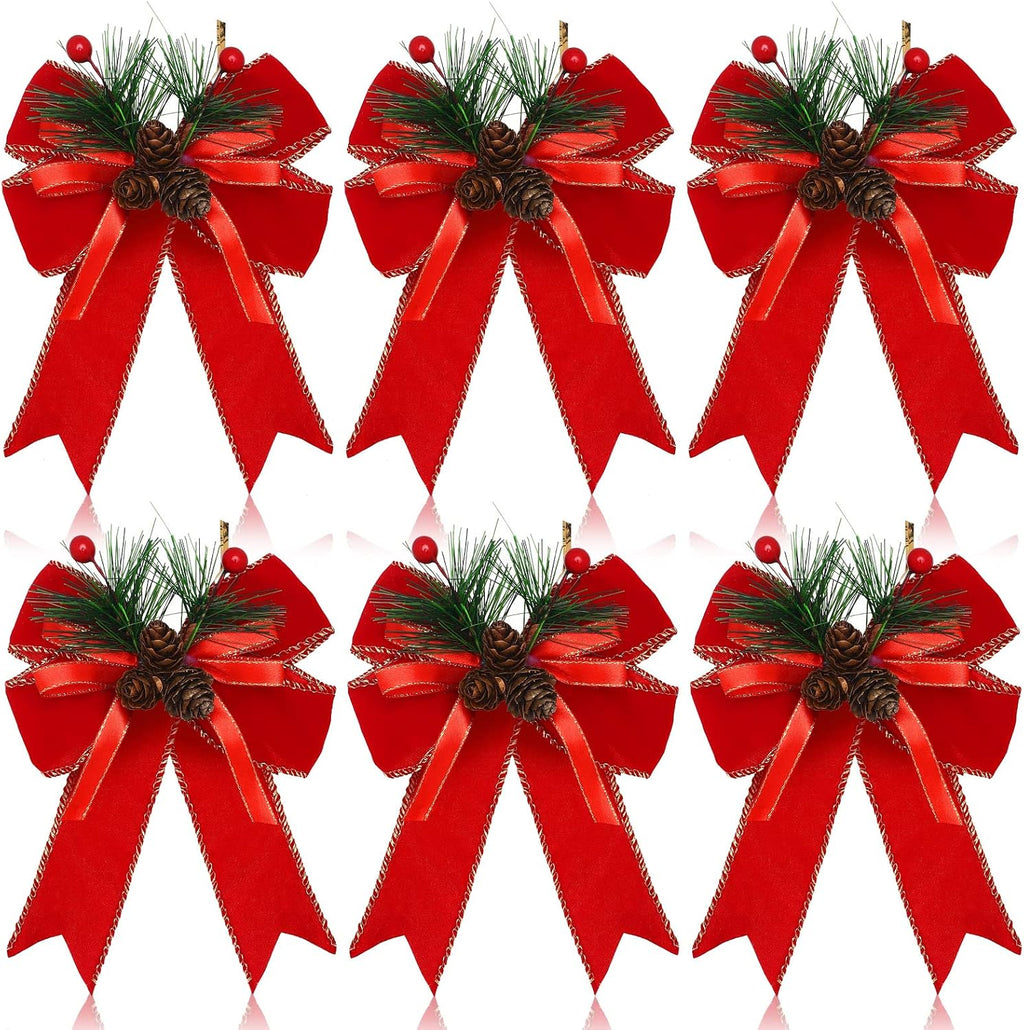 Syhood 6 Pcs Christmas Bows Xmas Velvet Bows Tree Decor, Red