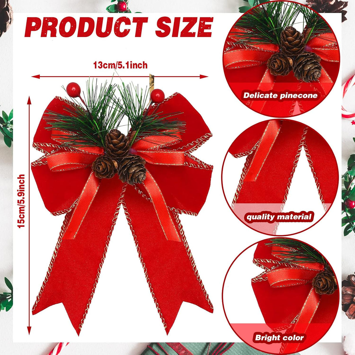 Syhood 6 Pcs Christmas Bows Xmas Velvet Bows Tree Decor, Red