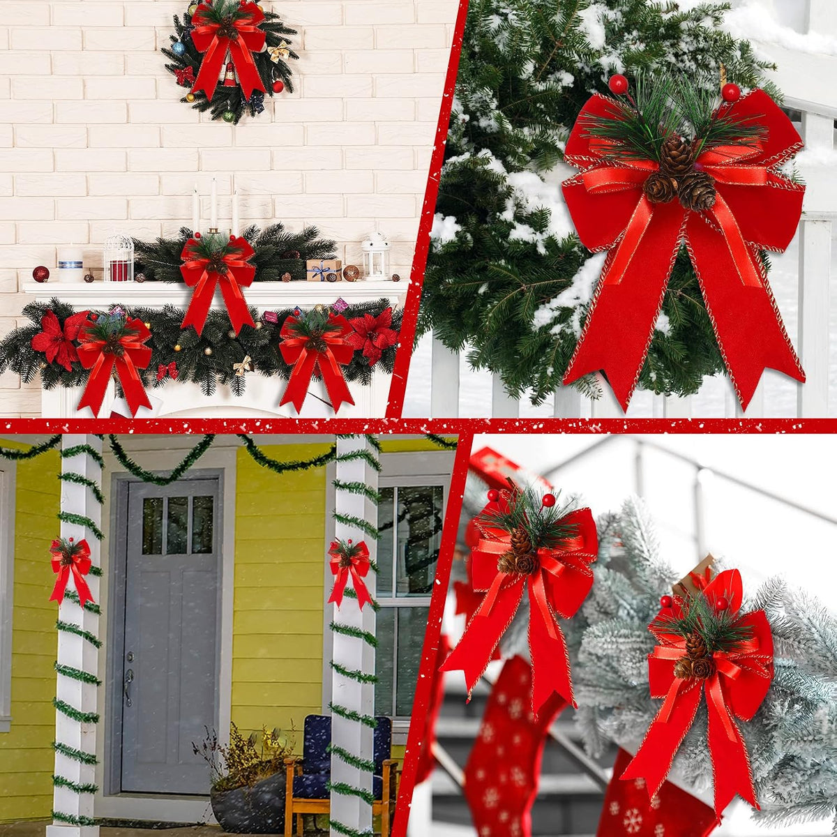 Syhood 6 Pcs Christmas Bows Xmas Velvet Bows Tree Decor, Red