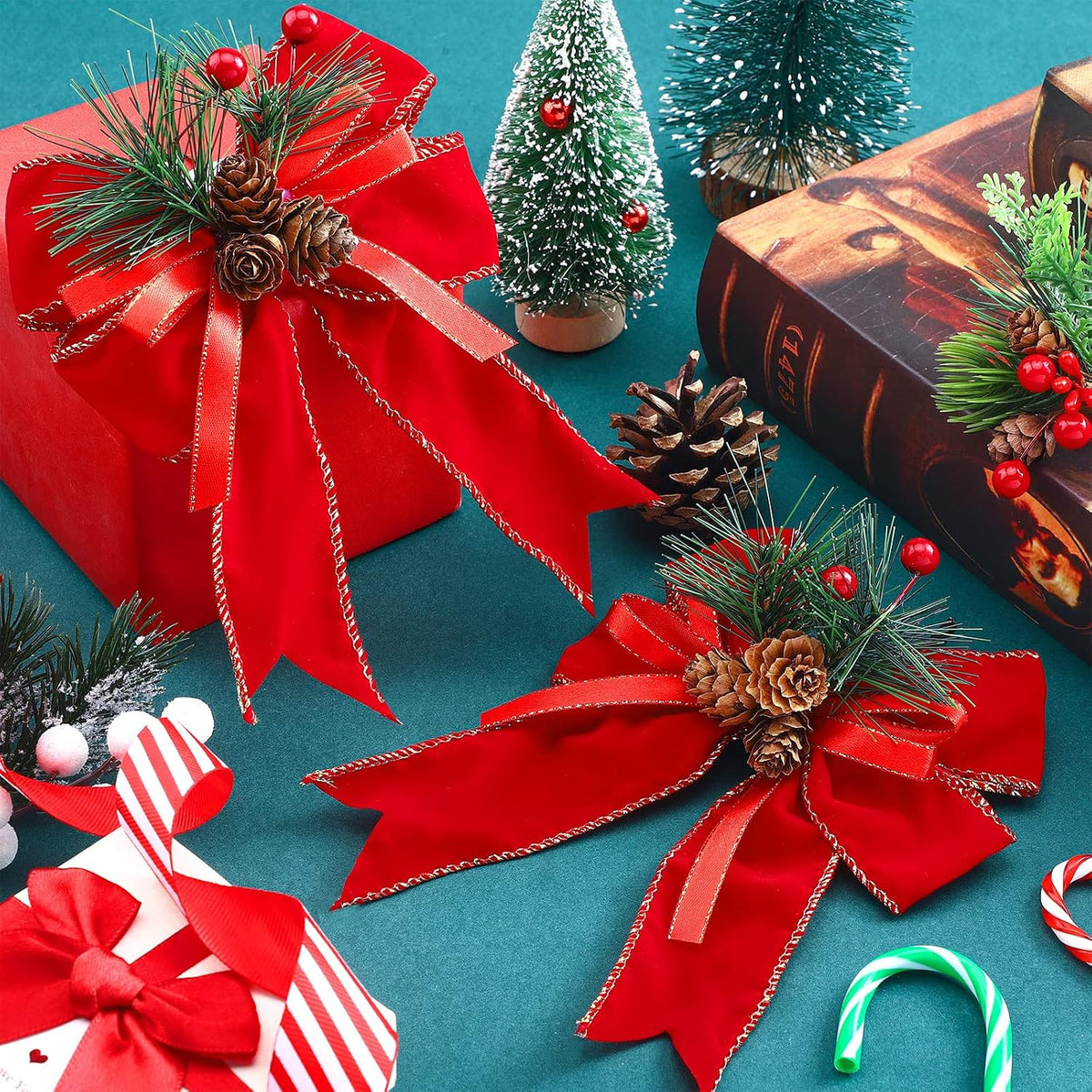 Syhood 6 Pcs Christmas Bows Xmas Velvet Bows Tree Decor, Red